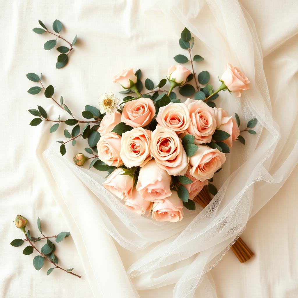 Bridal bouquet of blush roses on cream linen