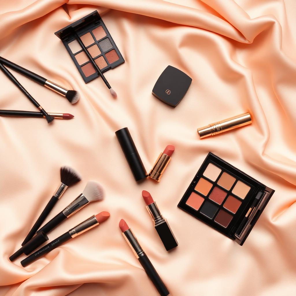 Flatlay of makeup brushes and palettes on champagne satin