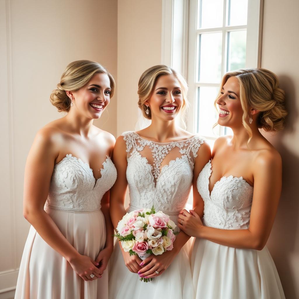 Bridal party laughing together in soft window light